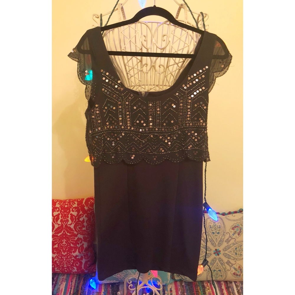 AEO Gray Sequin Beaded Overlay Cocktail Dress